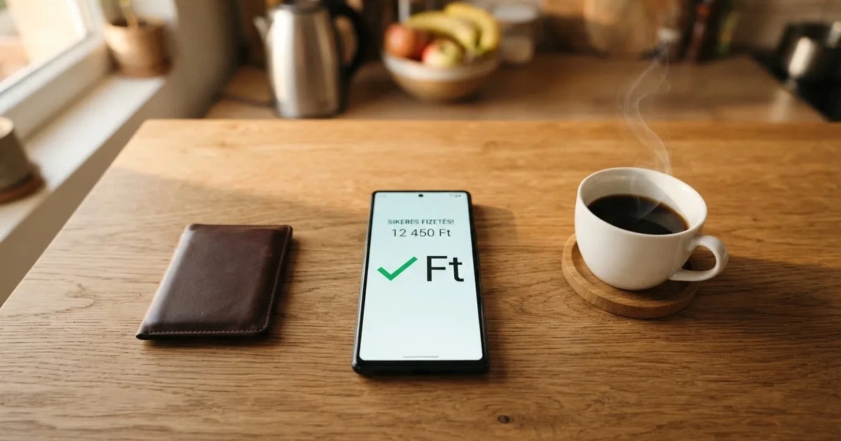 Mobiltelefon egy fa asztalon egy pénztárca és egy csésze kávé mellett — apple pay kaszinók magyarországon