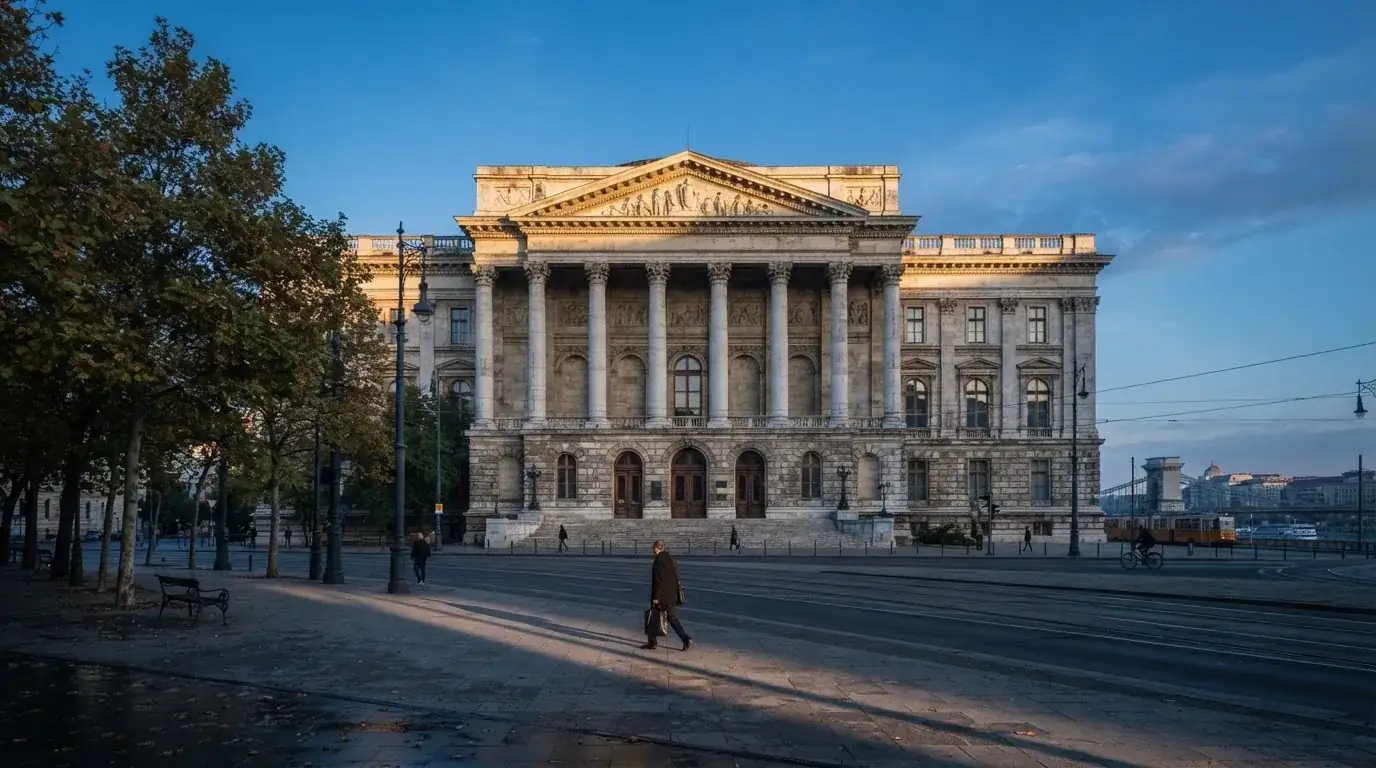 Kőoszlopos, kormányzati jellegű épület homlokzata Budapesten kora reggel, előtte átsétáló emberek, felirat és címer nélkül.