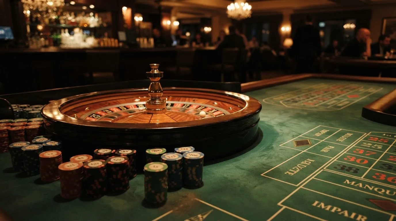 Rulettkerék és zsetonok zöld posztón, meleg esti fényben — blackjack szabályok magyaroknak