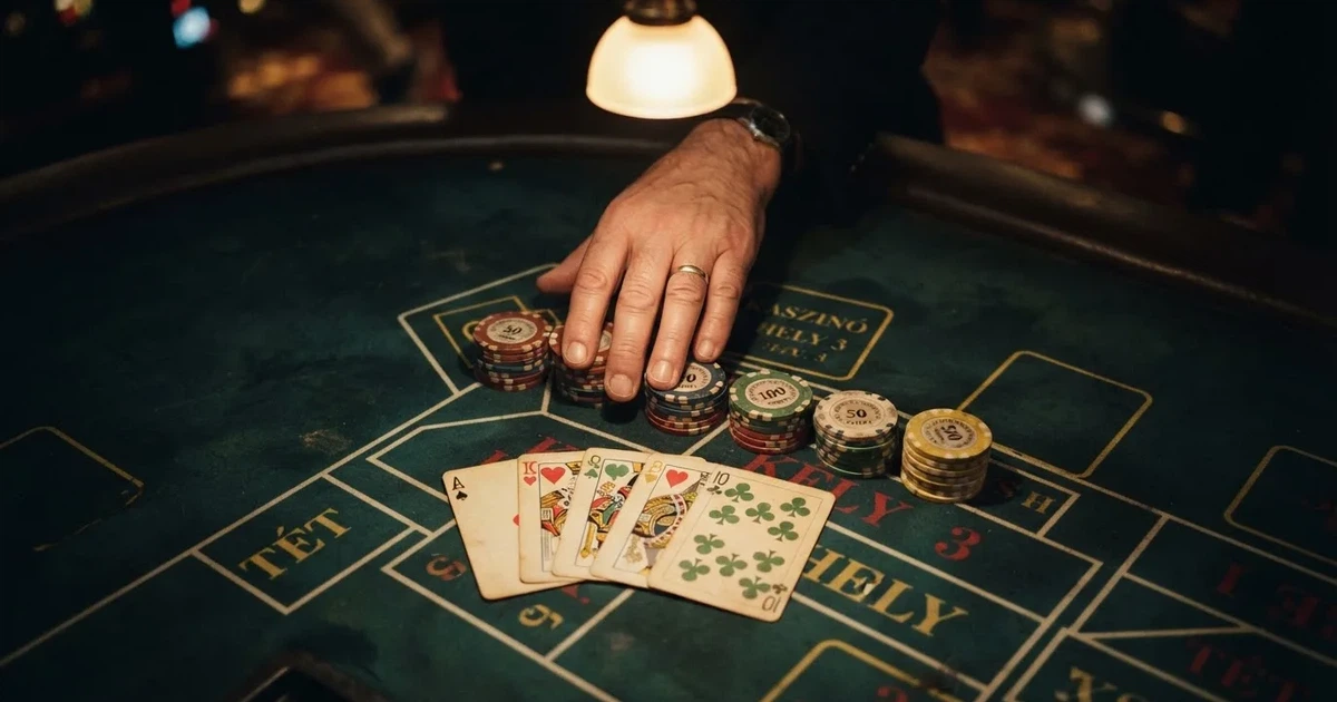 Megvilágított játékasztal kártyákkal, felülnézetből — blackjack szabályok magyaroknak