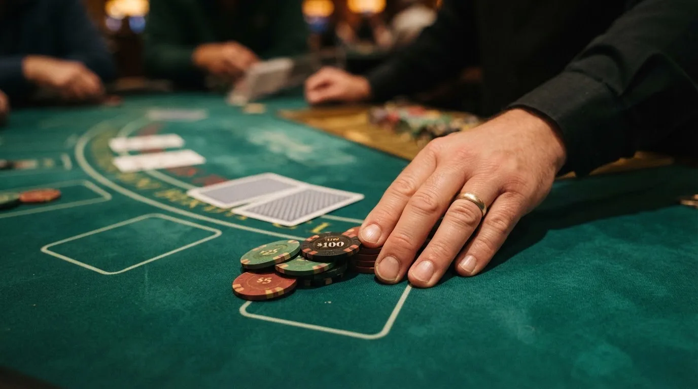 Egy kéz zsetonokat tol előre a blackjackasztal posztóján, mellette lapok, feszült pillanat, lágy fókusz a háttéren.