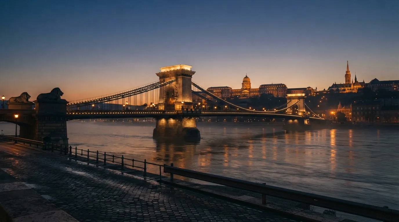 A budapesti Lánchíd esti fényekben a Duna fölött, a háttérben a budai Vár, forgalom nélküli rakpart.