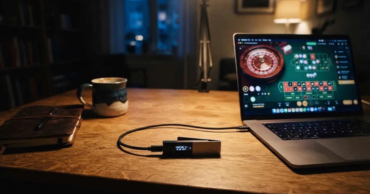 Hardveres tárca és laptop egy íróasztalon, tompa fényben — ethereum kaszinók magyarországon