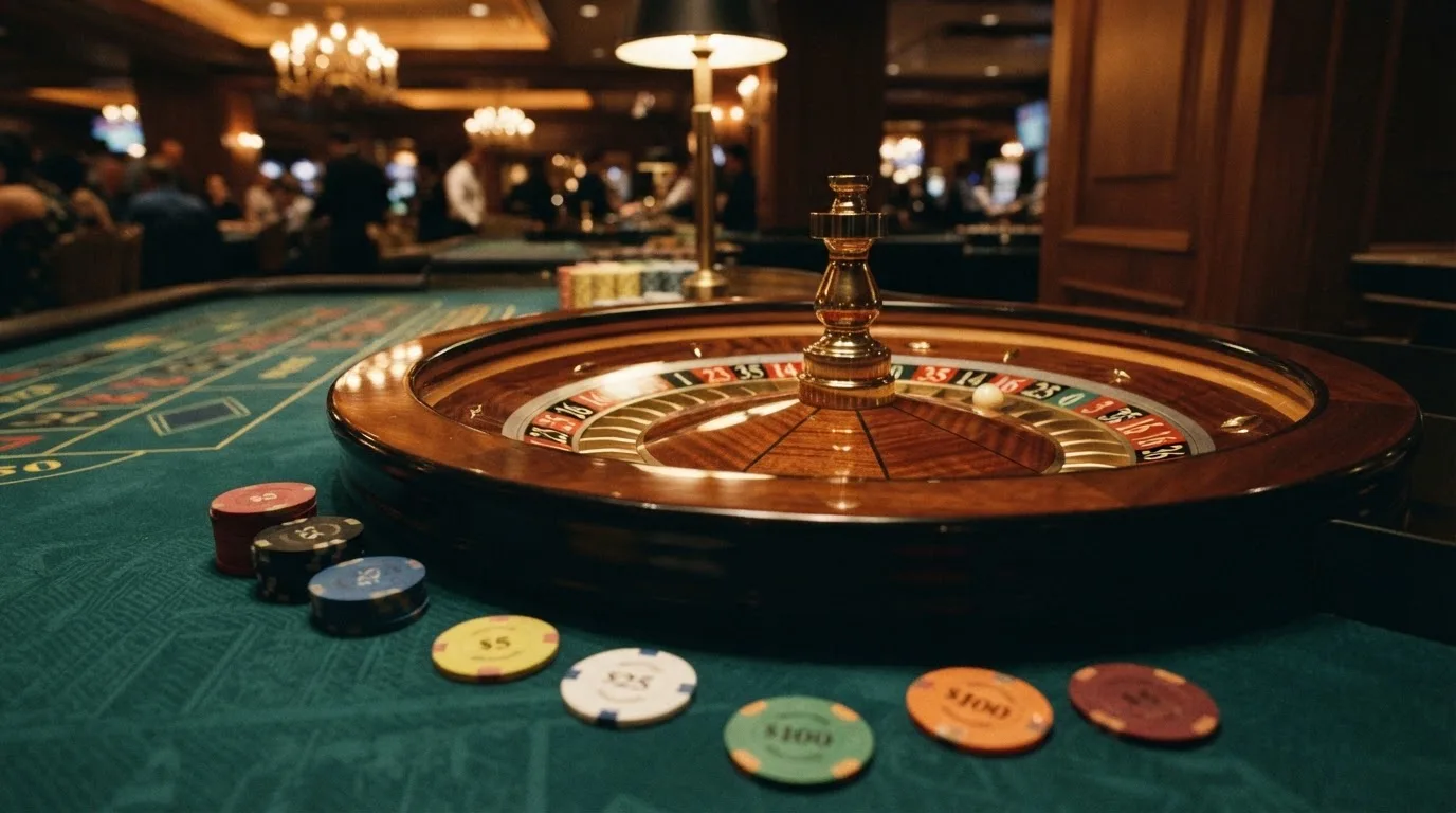 Rulettkerék és zsetonok zöld posztón, meleg esti fényben — high roller kaszinók magyarországon