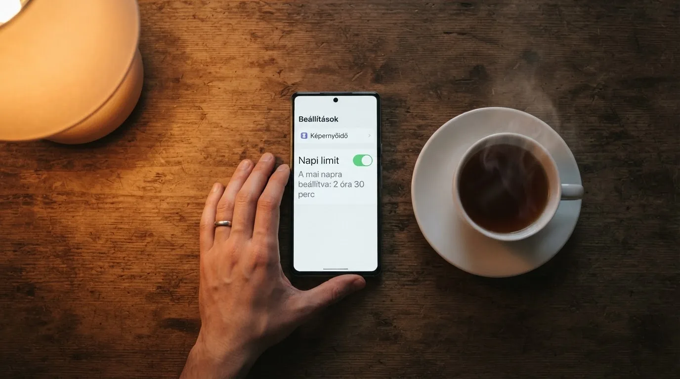 Kéz tart egy mobiltelefont egy csésze tea mellett a konyhaasztalon egy nyugodt estén — külföldi magyar kaszinók
