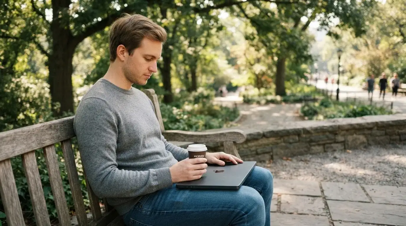 Fiatal férfi parkpadon ül, kezében összecsukott laptop és kávé, nyugodtan szünetet tart, a háttérben fák.