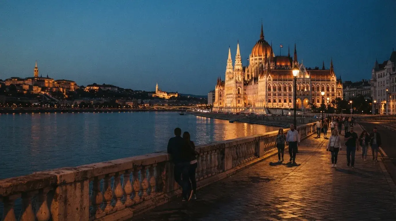 Budapesti belváros esti látképe a Duna-parttal és a Parlament sziluettjével, járókelők a rakparton, megvilágított hivatali épületek.
